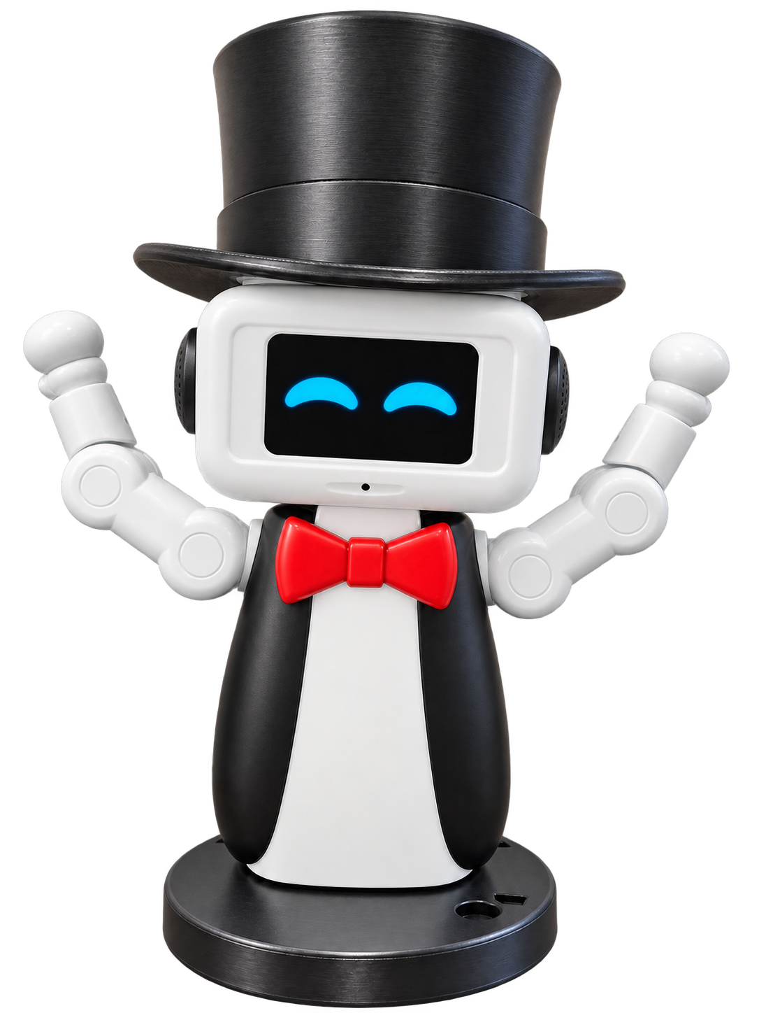 Magos robot in a black top hat, with raised arms