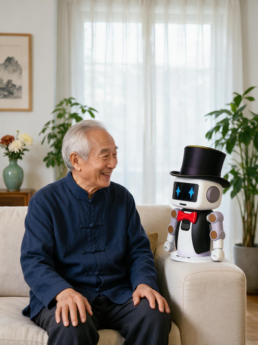 An older adult spending time with a Magos robot